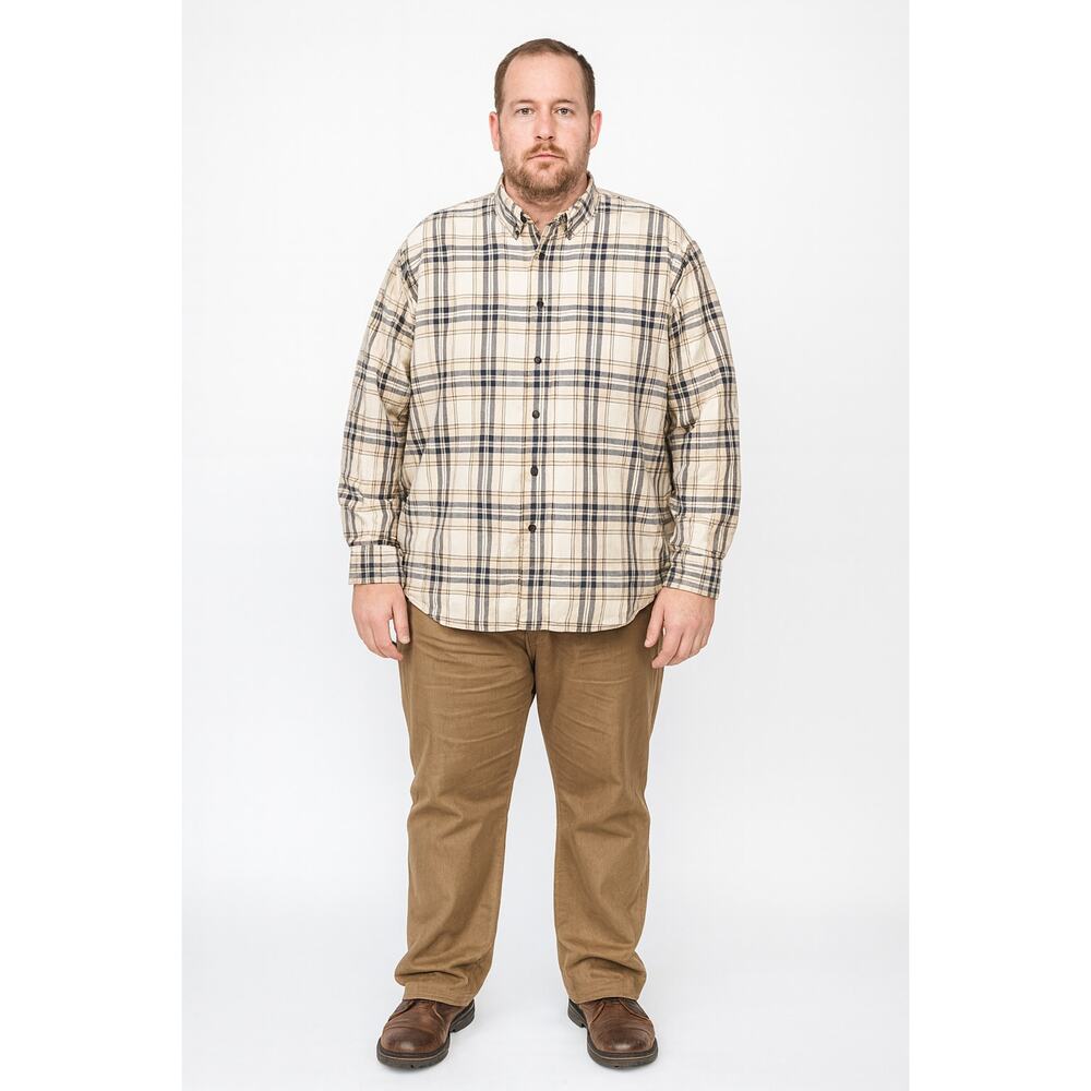 Club Room Men’s XXL Plaid Button-Down Shirt Long Sleeve Tan Blue White Cotton